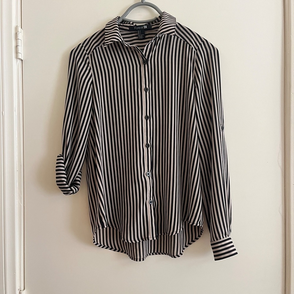 Forever 21 Women Semi Sheer Striped Button Up Shirt Small Roll Tab Office Preppy